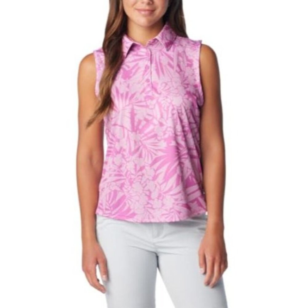 Columbia Womens Super Tidal Size Large Tee Sleeveless Polo Bright Lavender Tropi